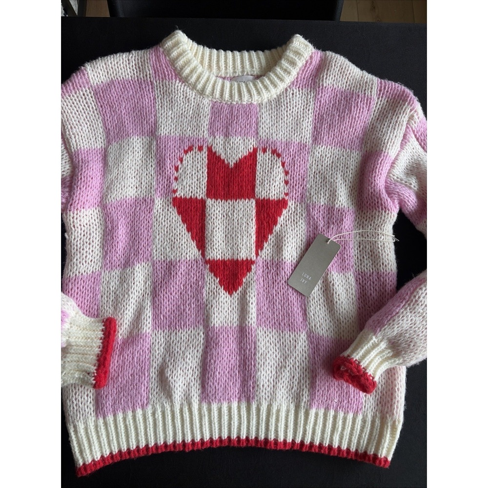 Luna Ivy NWT Women's Pink/White Checkered Long Sleeve Heart Sweater Size‎ Small